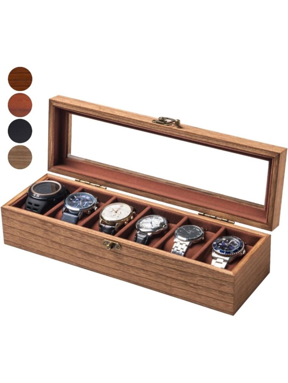Stylish Wooden Watch Box with Glass Lid - 6 Slot Organizer for Men & Women